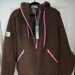 NWT. Altar'd State Brown Fleece Hoodie with Pink Trim. Size S.